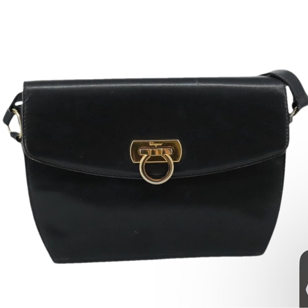 Salvatore Ferragamo Gancini Shoulder Bag Leather navy blue vintage